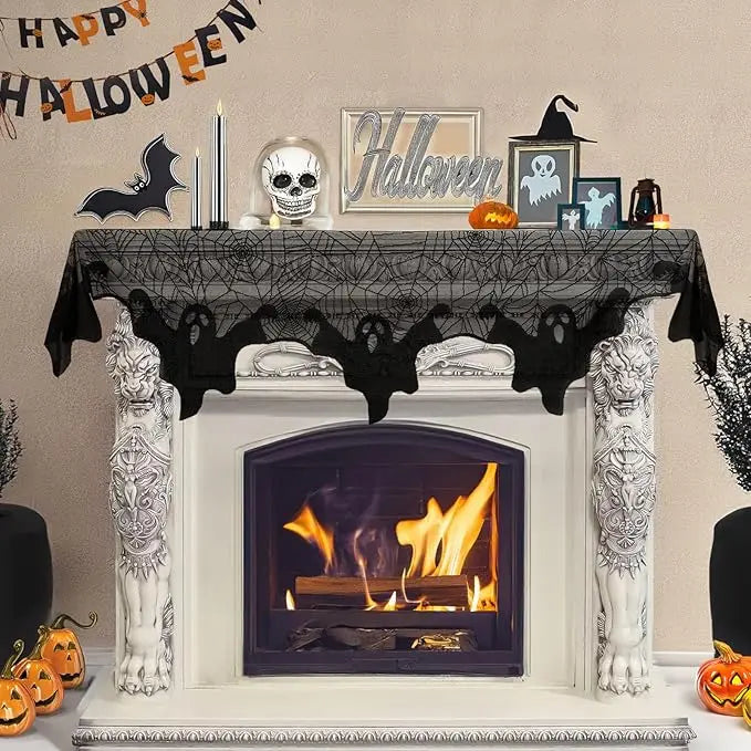 AerWo Halloween Decoration Black Lace Spiderweb Fireplace Mantle Scarf Cover Festive Party Supplies 45 X 243cm 18 x 96 inch