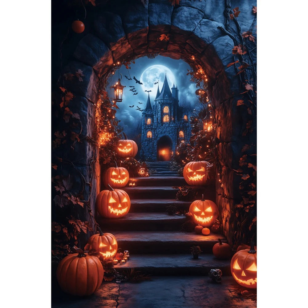 Halloween Photography Background Dark Blue Full Moon Night Castle Pumpkin Lantern Kids Family Halloween Portrait Photo Backdrop