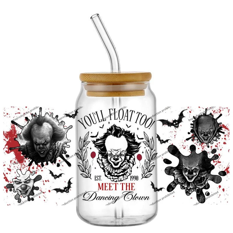Hotsale Spooky Horror Movie Killer Poster Art 16oz UV DTF 3D Sticker Transfer Decals Trendy Glass Can Cups Halloween Craft DIY