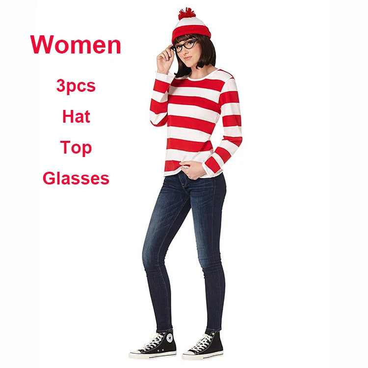 S-XXL Parent-child Cartoon Where is Wally Waldo Costume Waldo Book Week Cosplay Outfit Stripe Long Sleeve Shirt Hat Glasses