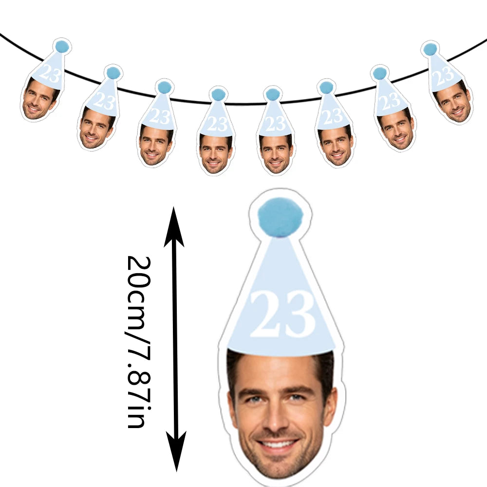 8pcs Custom Face Photo and Age Solid Color Simple Birthday Cone Hat Banner Bunting, Suitable for Any Age Birthday Party