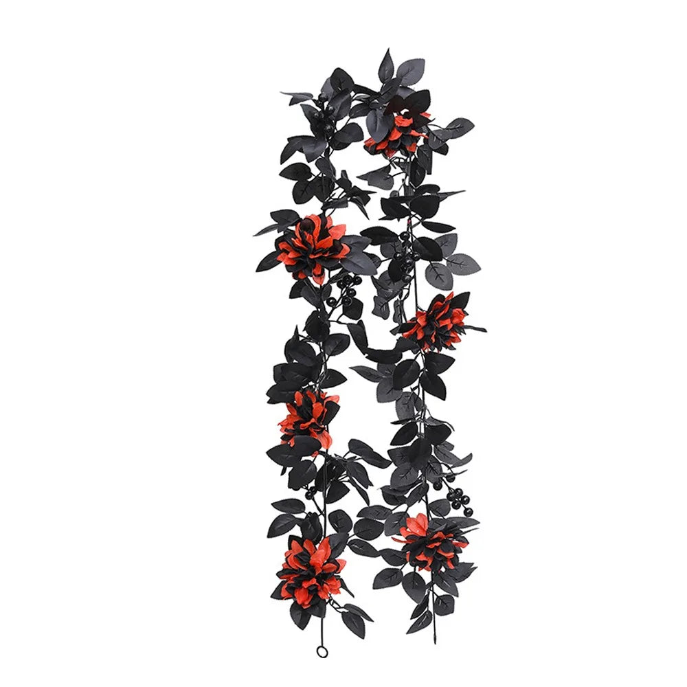 Black Halloween Rose Leaf Vines 175cm Realistic Artificial Rose Vines Simulated Flowers Handmade Halloween Garland