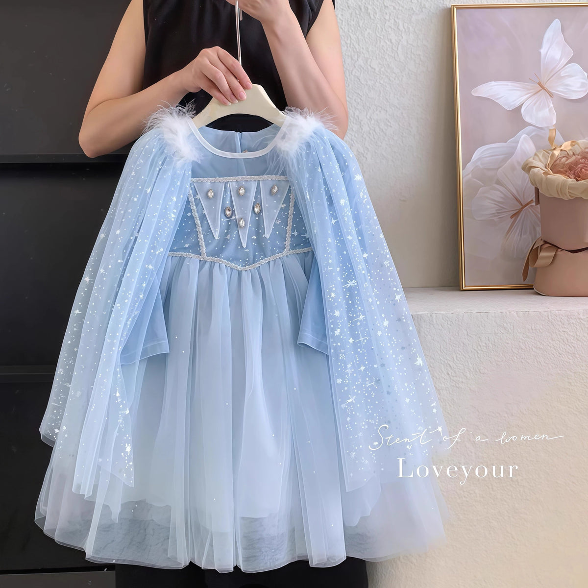 Elsa Frozen Princess Dress with Detachable Cape, Long Sleeve Velvet Sequins Snowflake Dresses for 2-10 Years Girls Party Costume