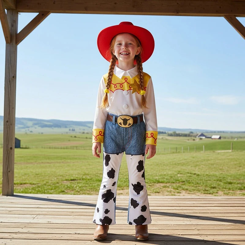 2026 Jessie Cowgirl Costume 2 Piece Set Sleeve shirt Cow Print Flared Pants Kids Cosplay Outfit Halloween Carnival Casual Wear
