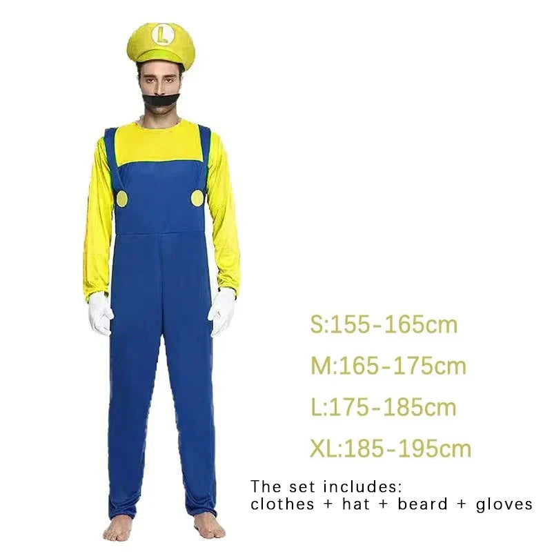 Game Plumber Bros Cosplay Costume Set Jumpsuit Dress Hat Beard Gloves Adult Men Women Uniform Halloween Party Role Play Outfit