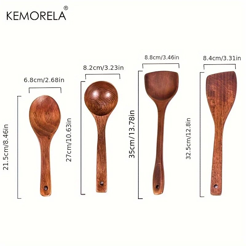 KEMORELA 4PCS Kitchen Utensil Set: Wood Shovel, Scoop, Spatula, Spoon - Nonstick Cooking Tools