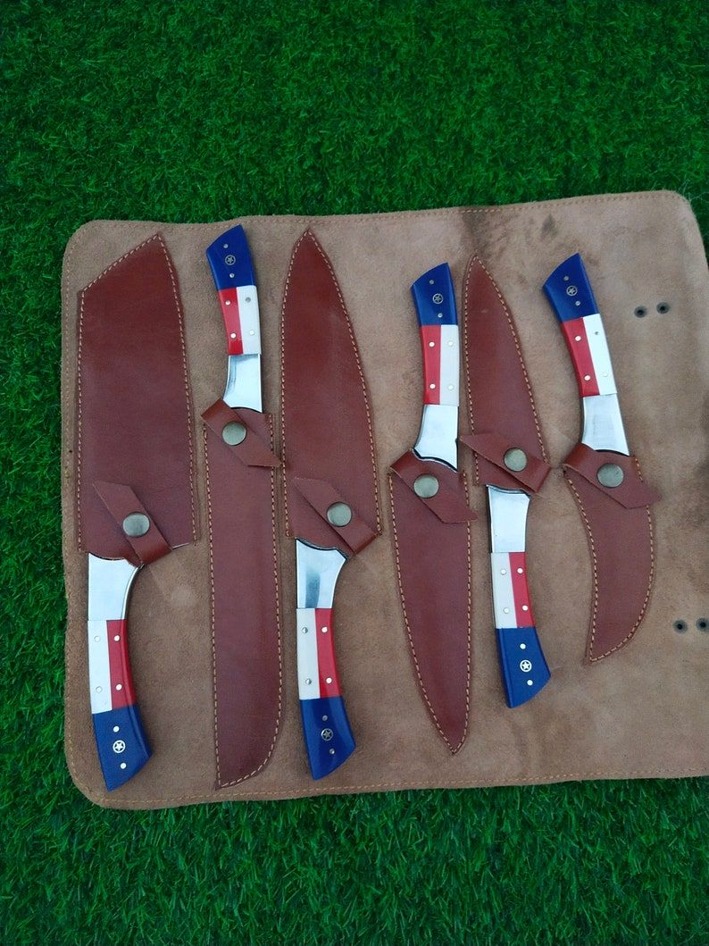 Custom Handmade Damascus Kitchen Knife Set With Texas Flag Handle, Gift Knife Sets, Anniversary Gifts, Chef Gift, Gift