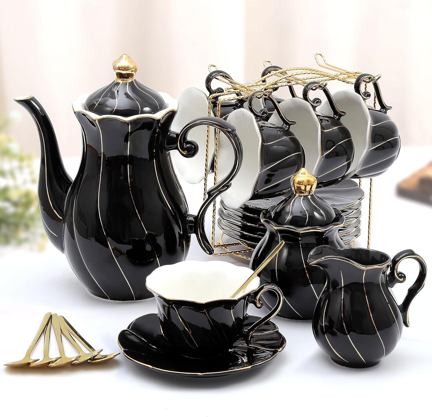 22-Piece Porcelain Tea Set for 6 – Luxury British Style Tea & Coffee Cups with Golden Trim
