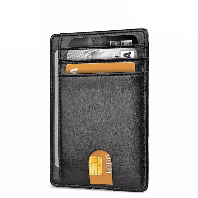 Mens Leather Slim Wallet, RFID Blocking Credit Card Holder with ID Window & Money Pocket