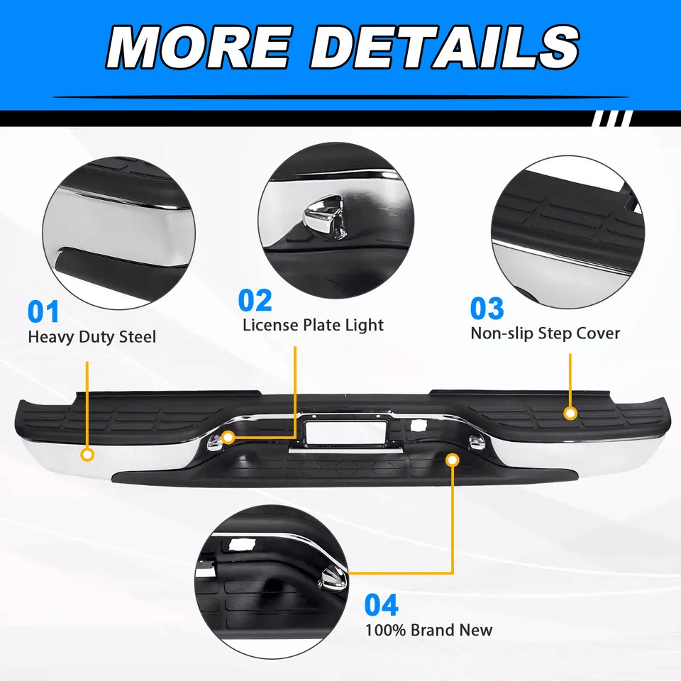 Complete Chrome Rear Bumper for Chevy Silverado & GMC Sierra, Bolt On OE Fit, No Drilling