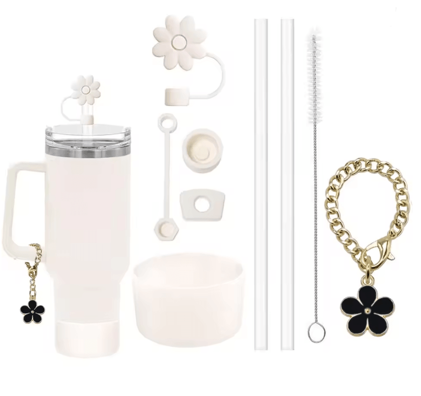 9 Piece Stanley Cup Accessory Set with Straw Covers Boot Spill Stoppers and Flower Charm