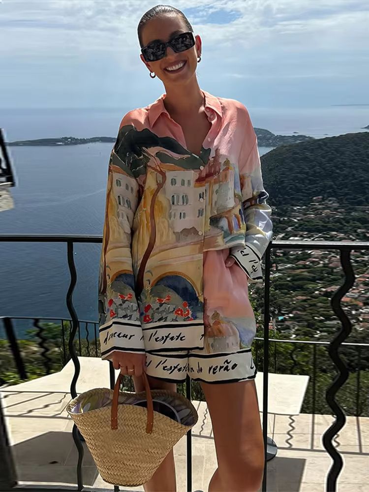 Womens Summer 2025 Printed Shirt and Shorts Set - Casual Holiday Outfit