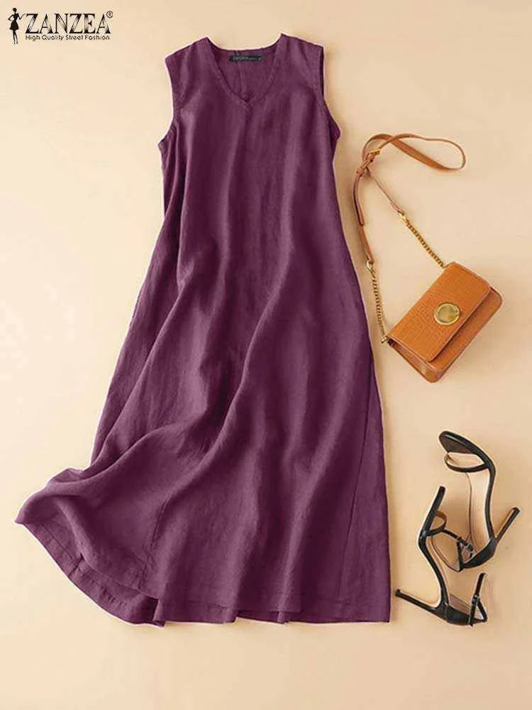 ZANZEA BreezeFlow Women's Summer Sleeveless Dress – V-Neck Casual Loose Sundress with Vintage Charm