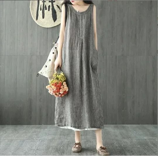 Womens 2024 Summer Loose Sleeveless O Neck Maxi Dress