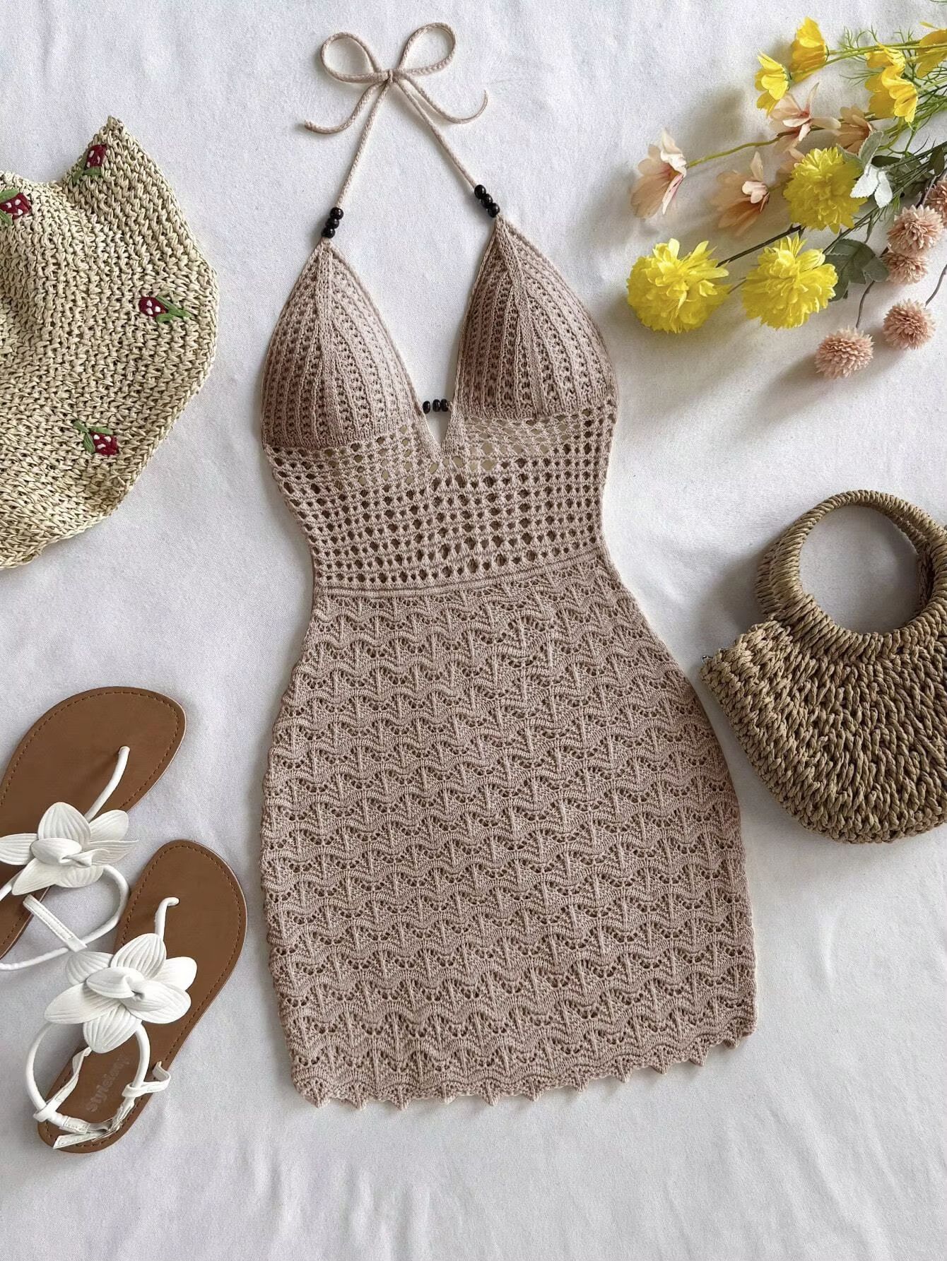 Soleia Summer V-Neck Backless Knitted Dress – Ombre Spaghetti Strap Vacation Dress with Wooden Bead Detail
