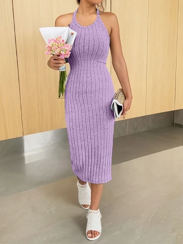 Solid Halter Neck Bodycon Midi Dress Slim Summer High Waist Elegant Style