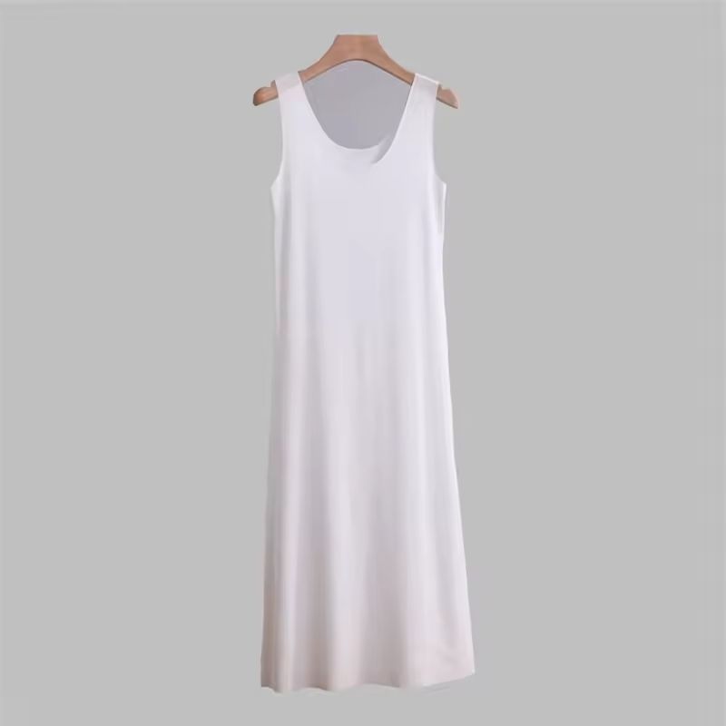 Women Ice Silk Slip Dress Seamless Midi Underdress with U Neck