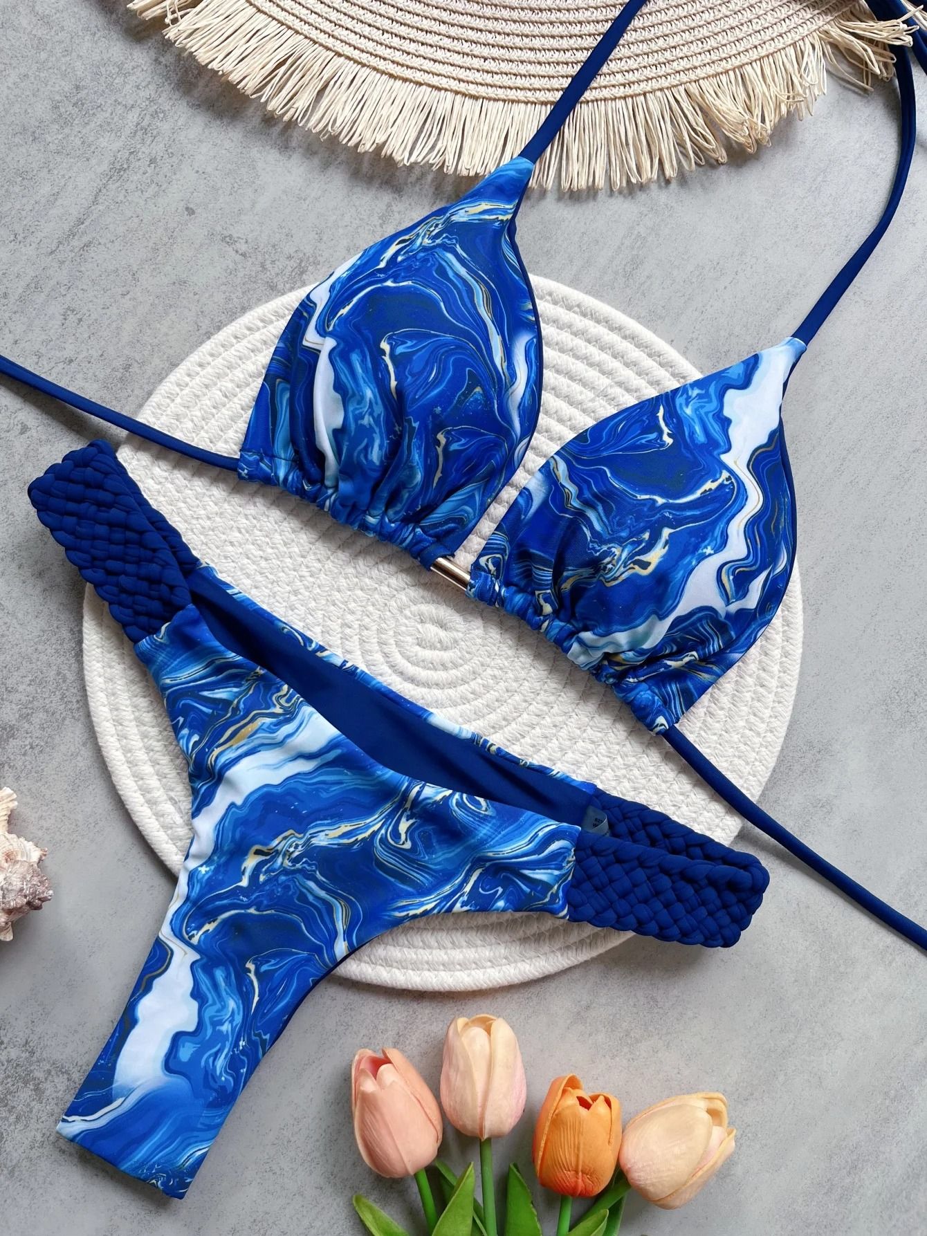 Womens RUOTONSEPT Print Halter Mini Thong High Cut Bikini Set