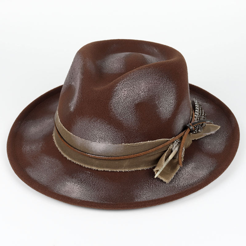 Vintage Fedora Felt Hat with Feather, Autumn Casual Wide Brim Black Jazz Cap, Classic Gentleman British Top Hat for Men