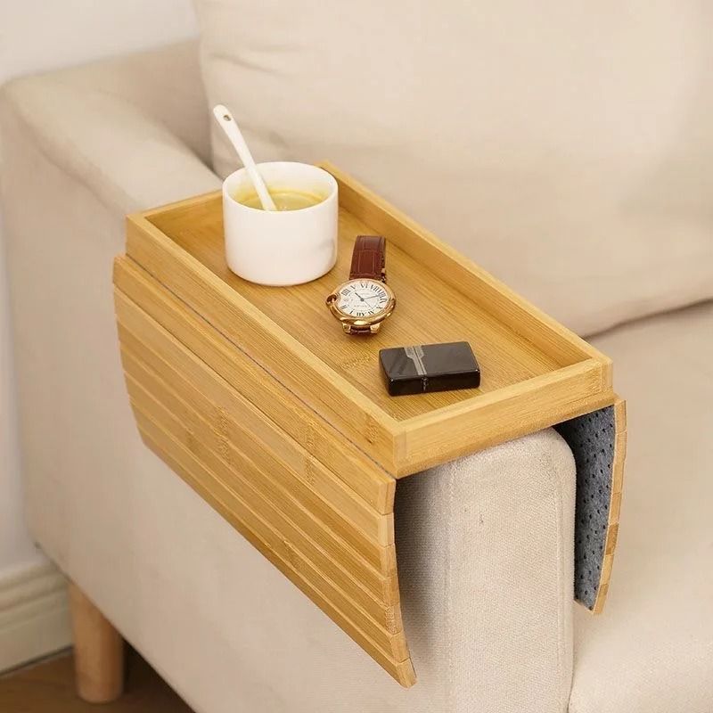 Foldable Bamboo Sofa Armrest Tray with Cup Holder