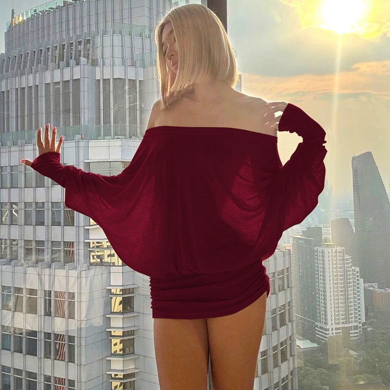 Cryptographic Fashion Off Shoulder Sheer Mini Dress, Sexy Ruched Bodycon Party Dress for Women with Long Sleeves