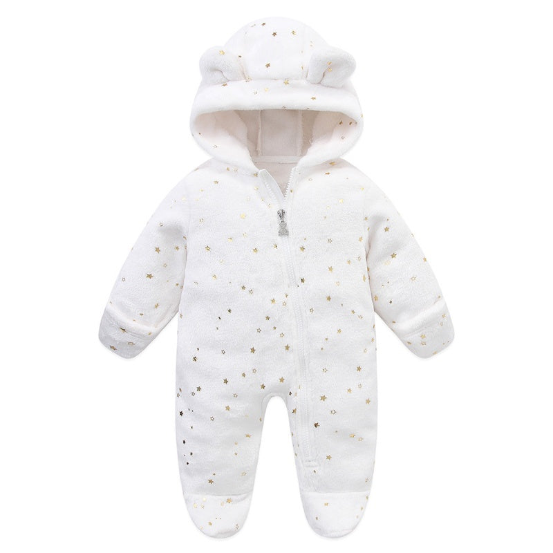 Autumn Winter Newborn Baby Footed Romper Warm Fleece Jumpsuit with Bear Ears Cute Star Cartoon Print One Piece Outfit