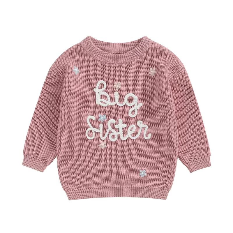 Big Sister & Little Sister Matching Embroidered Knit Sweater Set – Warm Fall/Winter Toddler Sweatshirts