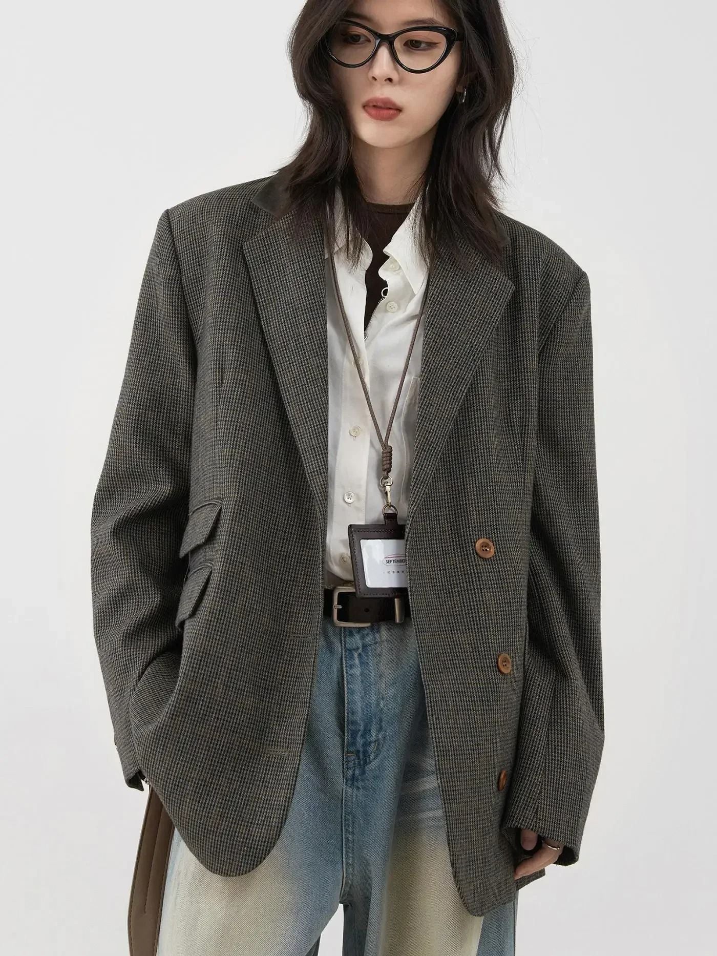Women Woolen Plaid Blazer Retro Mid Length Jacket