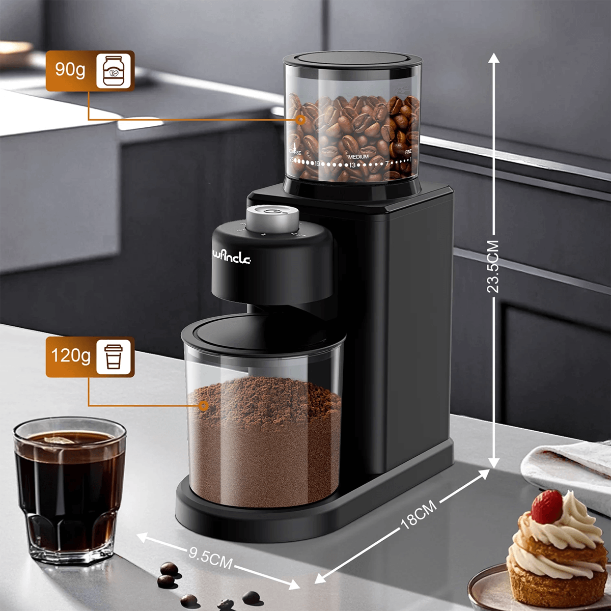 Automatic Electric Coffee Grinder Conical Burr with 25 Grind Settings and Powder Blower