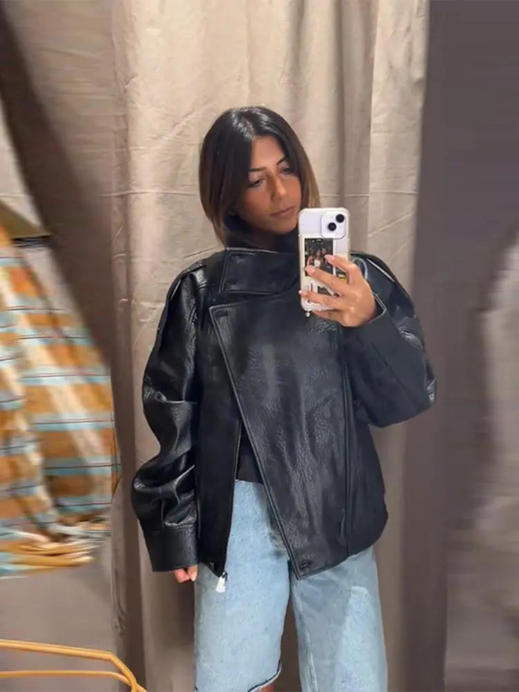 Women's Black PU Leather Jacket, Stand Collar, Asymmetric Front, Elastic Hem, Casual Cropped Outerwear