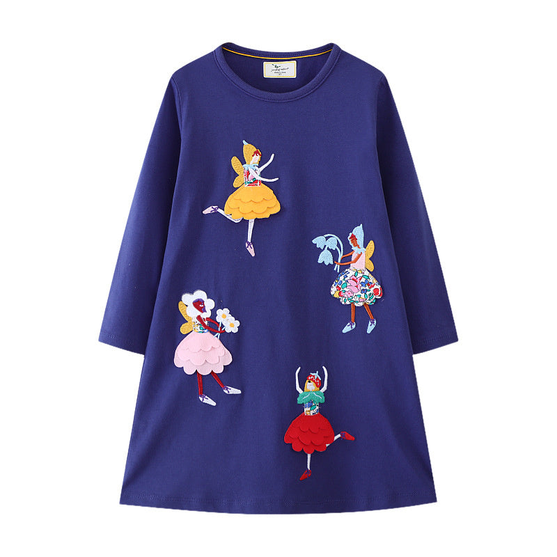 Jumping Meters Girls Dress, 2-7T Dancing Baby Long Sleeve, Cute Party Dress with Animals Applique and Dots, Childrens