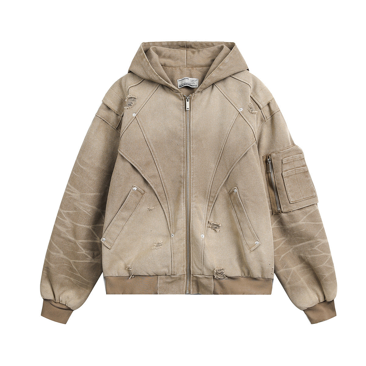 Trendy American Style Jacket for Men, Distressed Functional Coat, Deconstruct Hooded Casual Wear, 2025 Autumn Collection