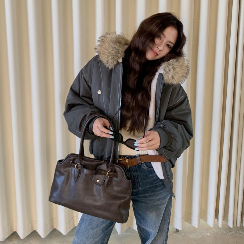 New Winter Puffer Jacket for Women, Warm Parka with Removable Fur Hood, Long Cotton Padded Coat, Insulated Outwear