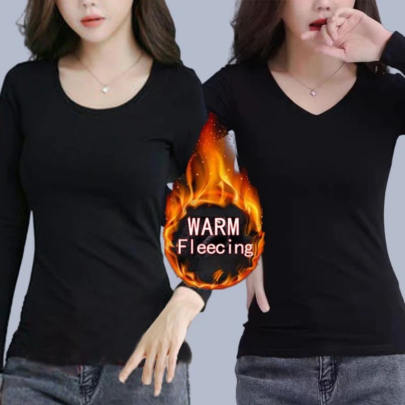 O Neck Long Sleeve Fleece Heating Fiber Thermal T Shirt Women Winter Bottoming Cropped Top Casual Skinny All Match
