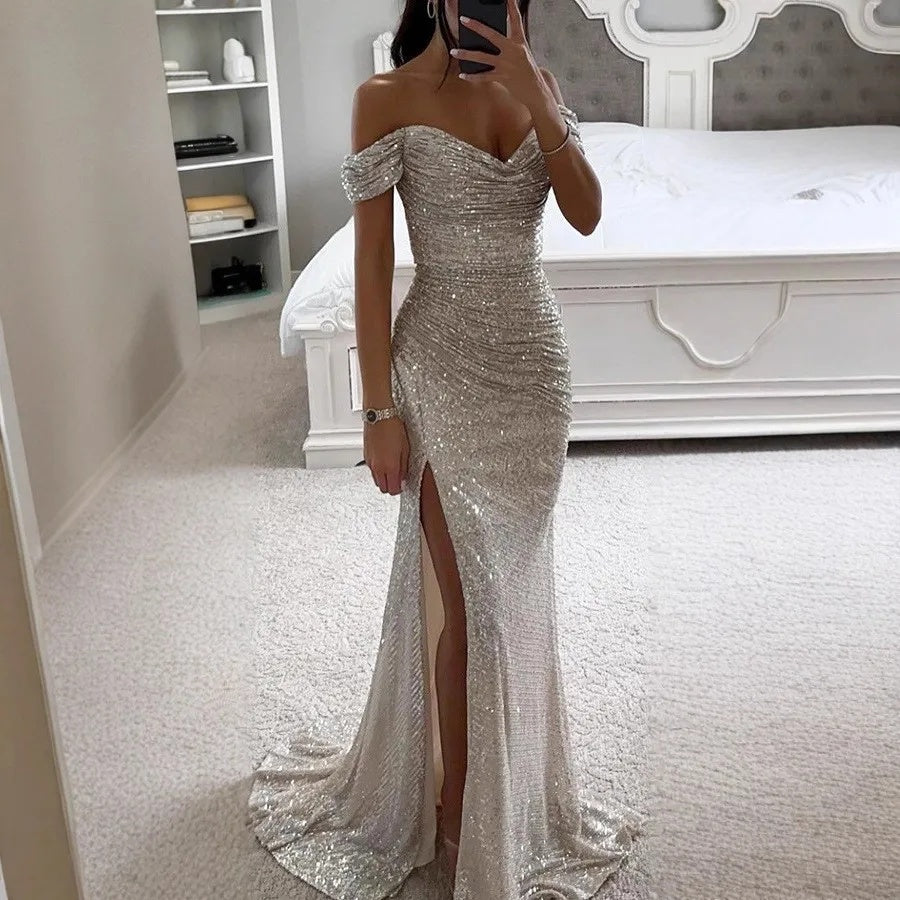 Women's One Shoulder Maxi Dress, Casual Chic Party Wear, Sexy Slit, Regular Waistline, No Sleeve