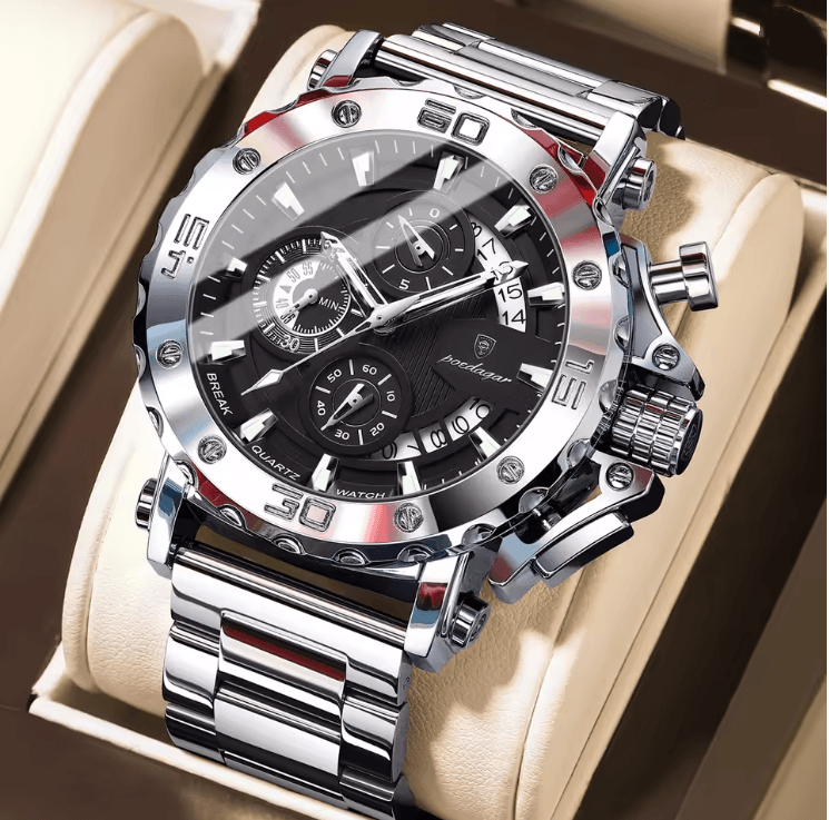 Poedagar Luxury Chronograph Watch for Men Stainless Steel Waterproof Design
