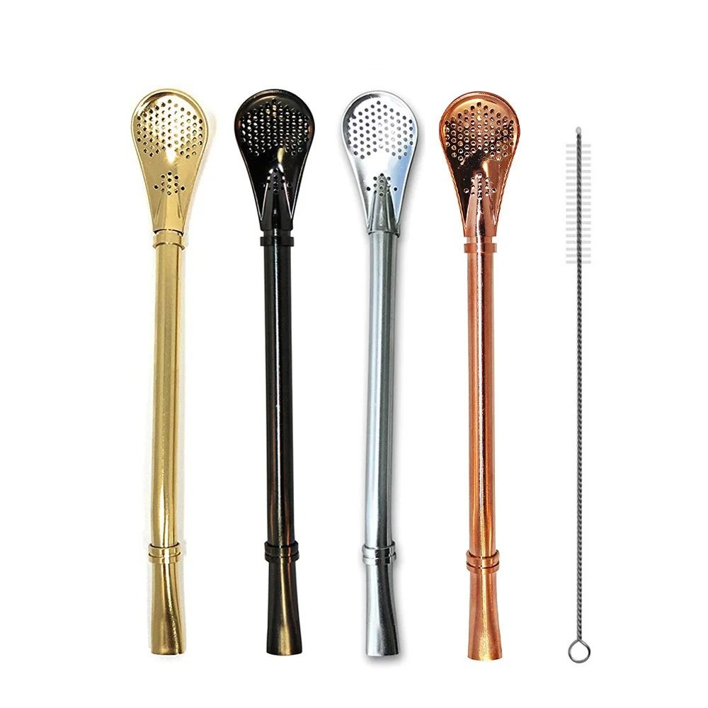 Reusable Stainless Steel Yerba Mate Straw Filter Set with Cleaning Brush