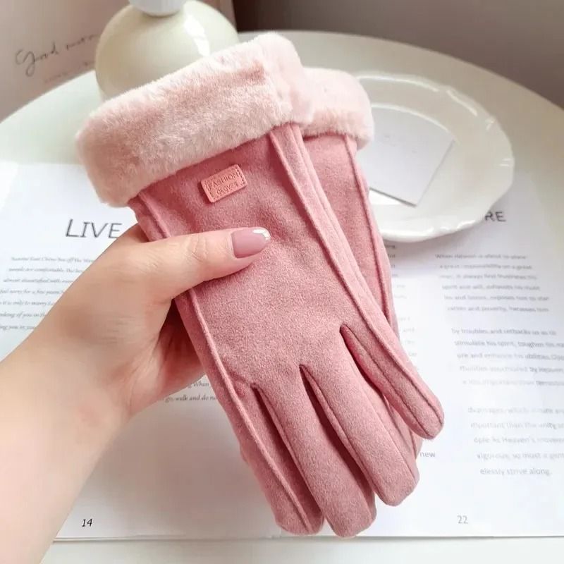 Women Winter Thick Plush Suede Gloves with Touchscreen Function and Warm Lining