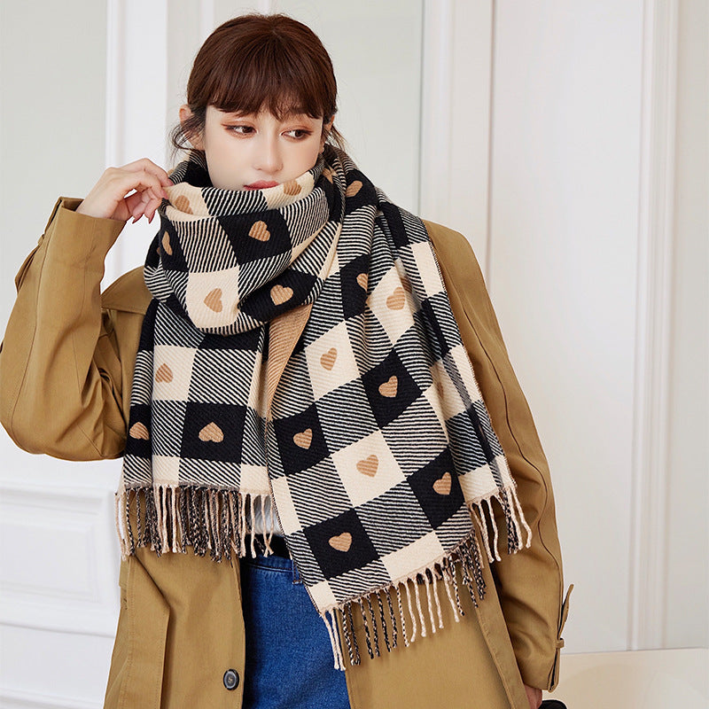 Thick Large Blanket Shawl Scarf, Women's Plaid Comfortable Scarf, Women's Autumn and Winter Heart-Patterned Scarf