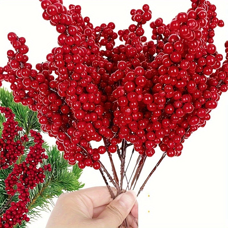 Set of Bright Red Artificial Christmas Tree Berries, Holiday Decoration