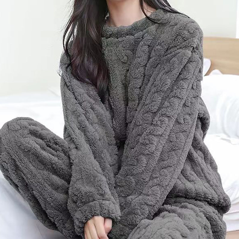 Autumn Women Solid Warm Sets, Thicken Velvet Ribbed Fleece Pullover and Pants, Casual Pajama Sets