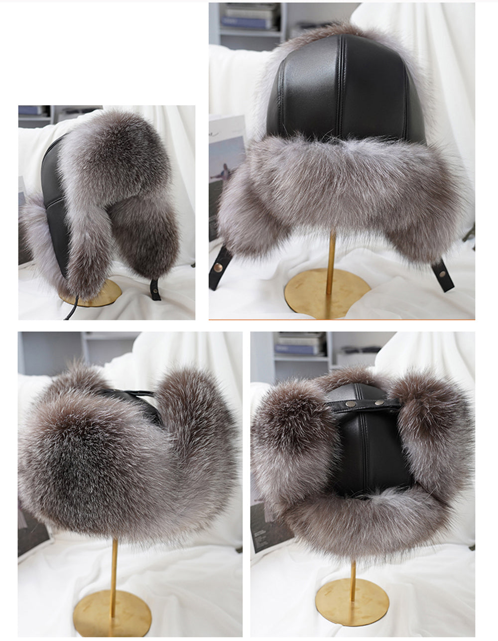 Men Real Silver Fox Fur Bomber Hat, Raccoon Fur Cap, Russian Trapper Ski Hats, Leather Winter Hat for Men