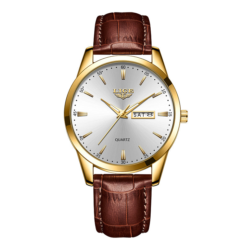 Leather Men's Quartz Wristwatch, Business Man Watch Waterproof Luminous, Auto Date Week Men Watches For Fashion