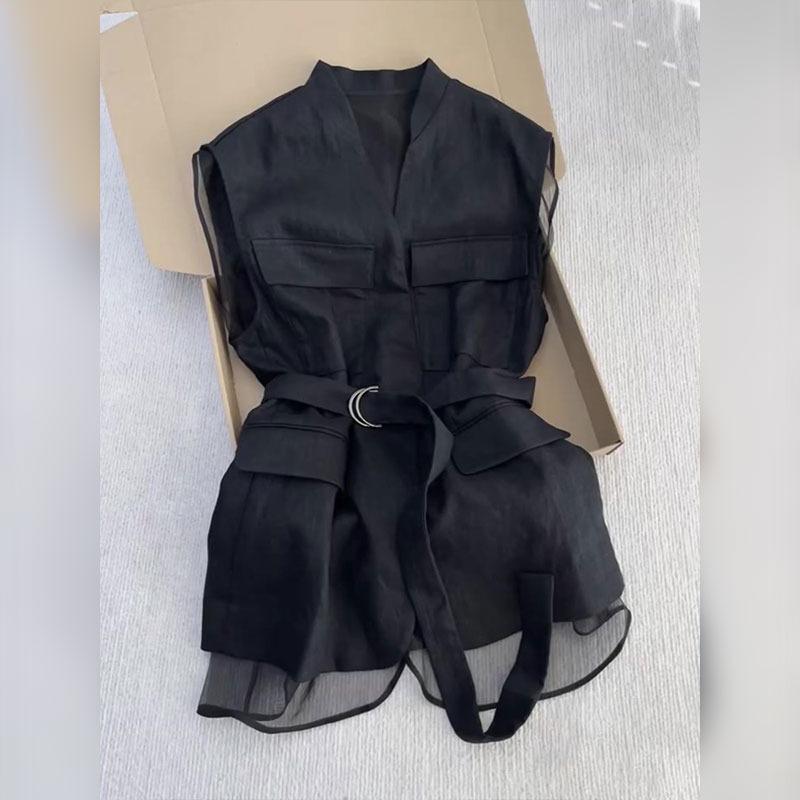 Elegant Office Casual Waistcoat, Korean Summer Black Sleeveless Vest Tops for Women