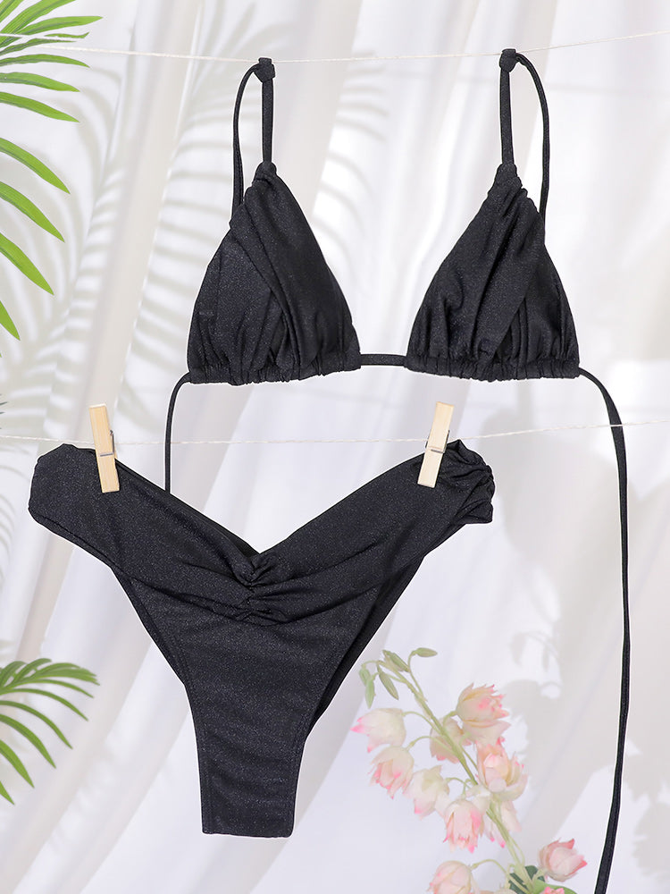 Sexy Woman Swimsuits String Bikini Set, High Cut Swimwear, Bandage Biquini Female Pleated Beachwear, Summer Bathing Suit