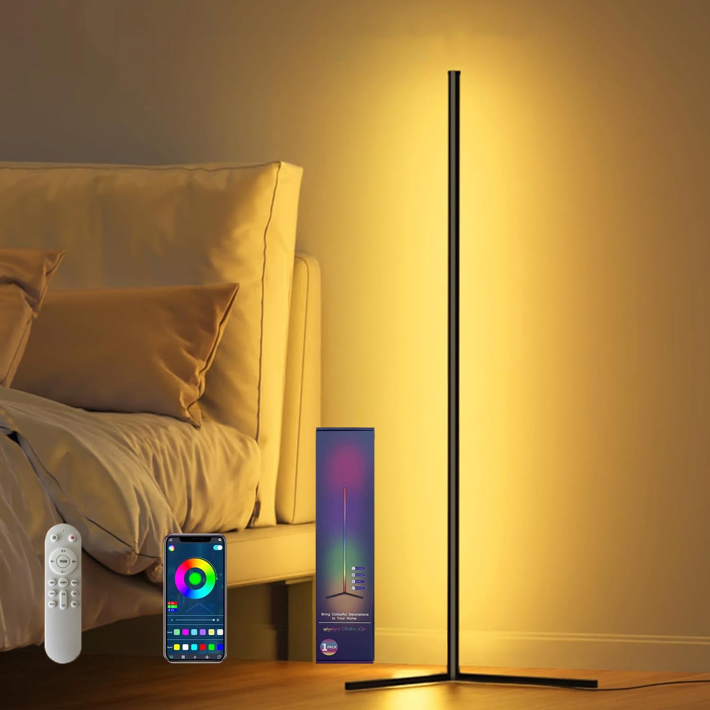 LED Corner Lamp Works Smart, RGB LED Floor Lamp with Music Sync and DIY Colors