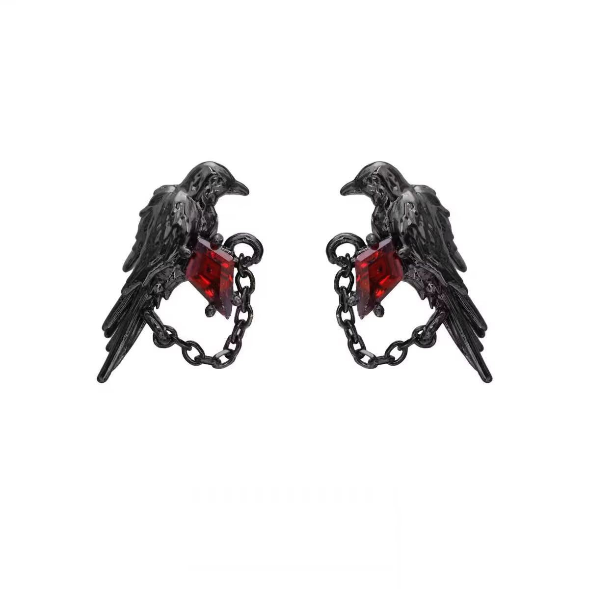 Red and Black Crow Earrings Vintage Dark Style Pair