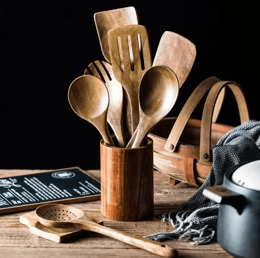 Teak Wooden Utensils Set with Holder 4/7/9-Piece Wooden Spoons for Cooking