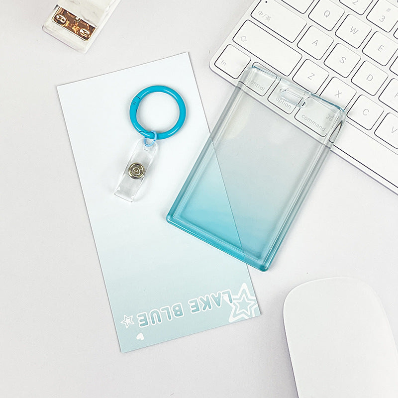 Gradient Pink Transparent Sliding Cover, Card Holder With Keychain for Work, Student, ID Bus Transport Card
