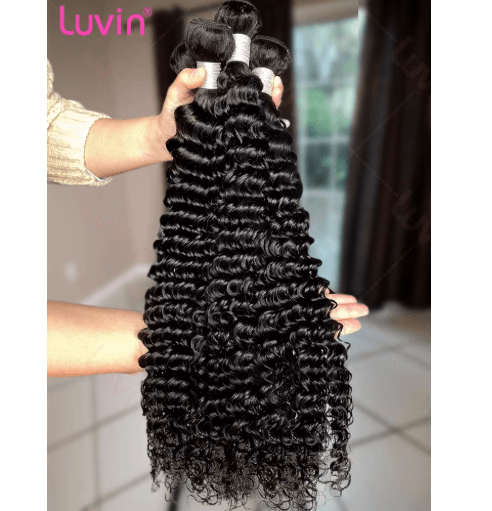 Luvin Curly Bundles Human Hair 30 34 Inch Deep Wave Raw 1 3 4 Hair Bundles 100% Unprocessed Double Weft Hair Extensions